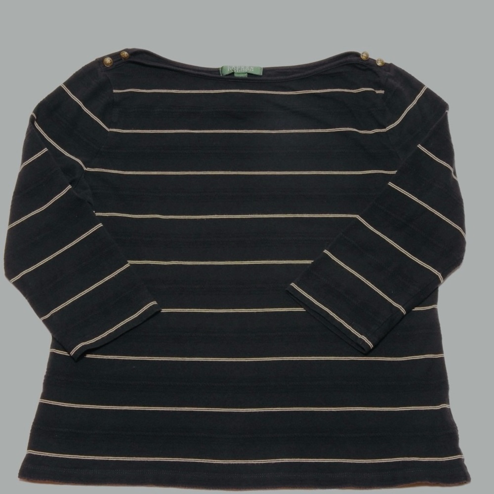 Lauren Ralph Lauren Striped Boatneck Top Sz PL Tan Black Preppy Nautical Coastal